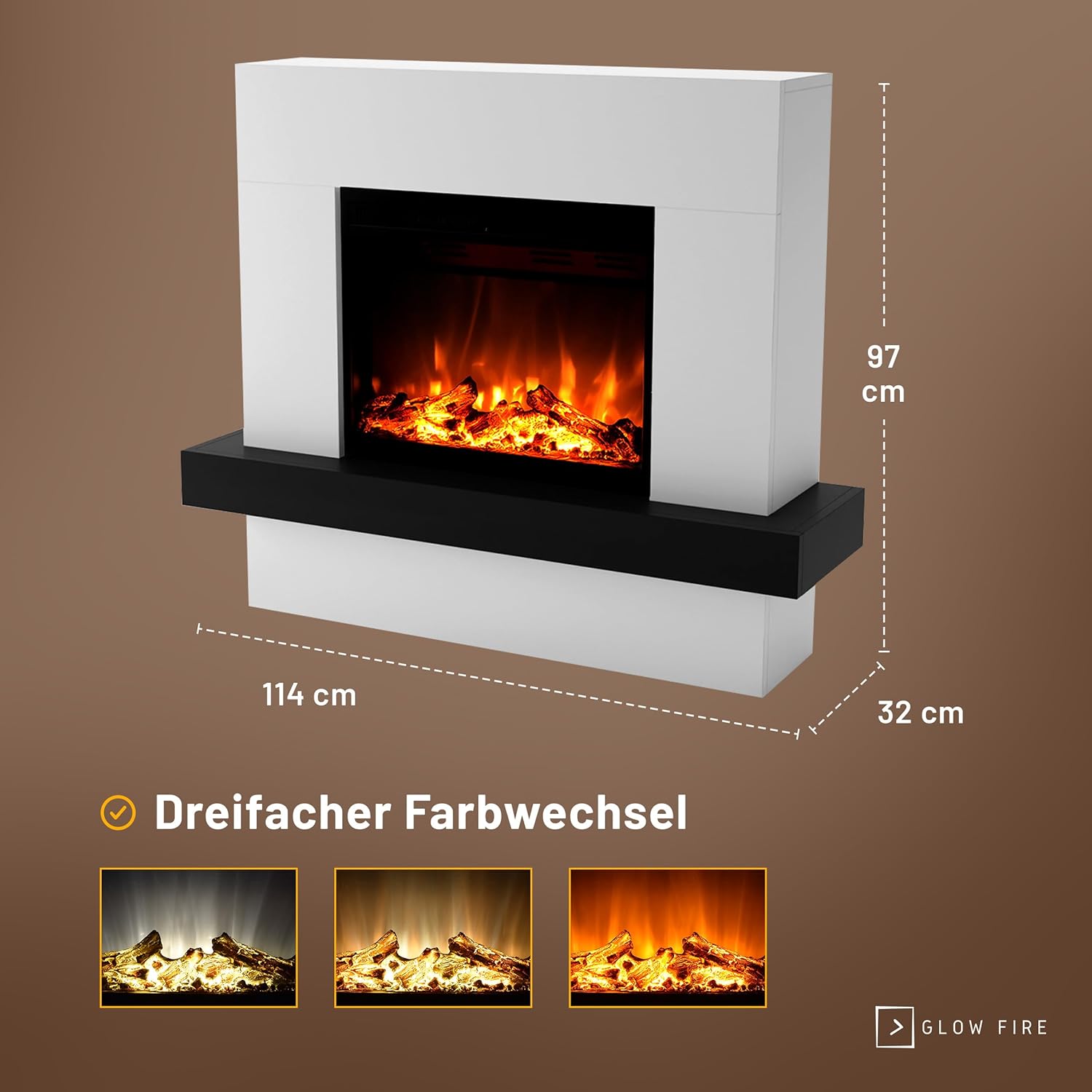 GLOW FIRE Elektrokamin mit Heizung und Kaminfeuer (Standkamin Pandora) - elektrischer Kamin mit LED-Feuer in 3 Farben, Heizlüfter, Holz-Deko & Fernbedienung, 114x97x32 cm, Weiß
