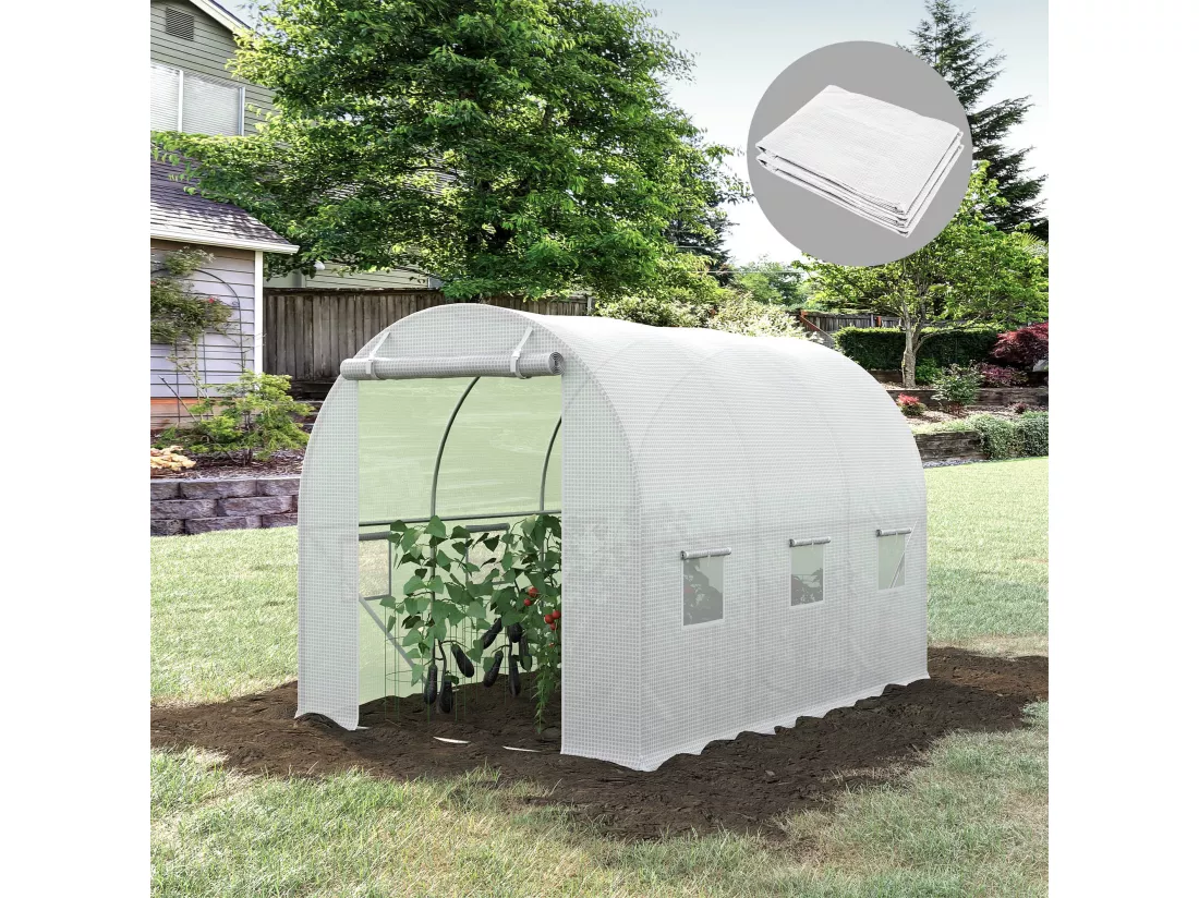 Bâche de rechange serre tunnel 6 m², bâche dim. 3L x 2l x 2H m PE anti-UV imperméable 6 fenêtres + porte enroulable zippée blanc