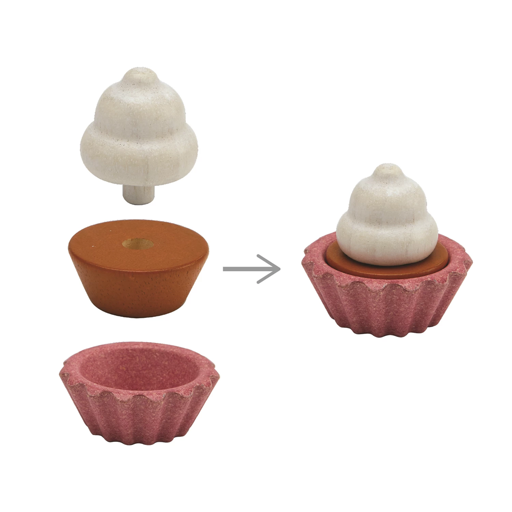 (10-tlg. Set) Holz Cupcakes Kinder Spielzeug Küchen Zubehör Back Spielset inkl. Backblech / Spritzbeutel (3626)
