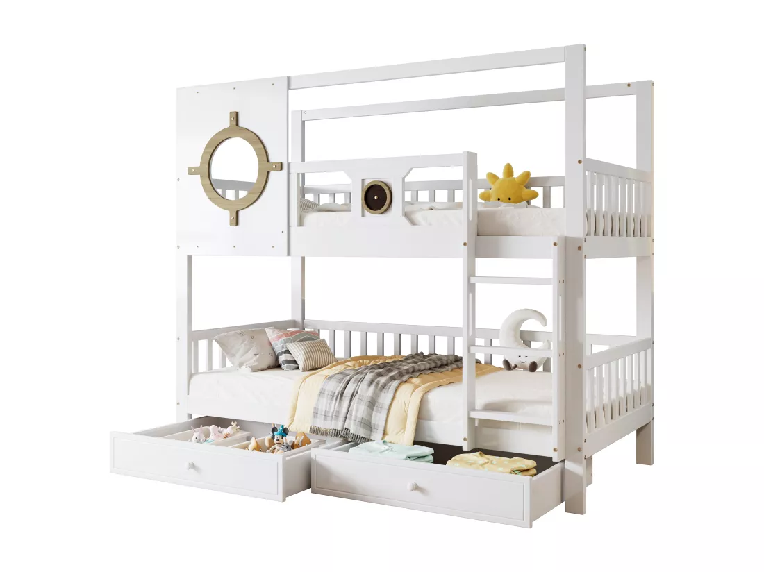 Lits superposés 2 x 90 x 200 cm avec 2 tiroirs, fenêtre & garde-corps - pin + MDF - blanc (sans matelas)