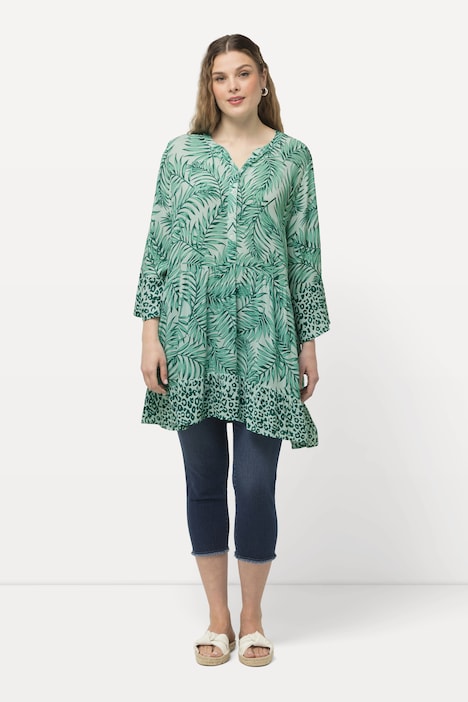 Longbluse, Palmen, A-Linie, Tunika-Ausschnitt, Halbarm