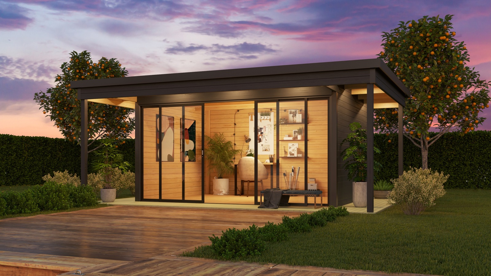 Gartenhaus DOMEO 4 LOGGIA - carbongrau-anthrazit - Fichte massiv