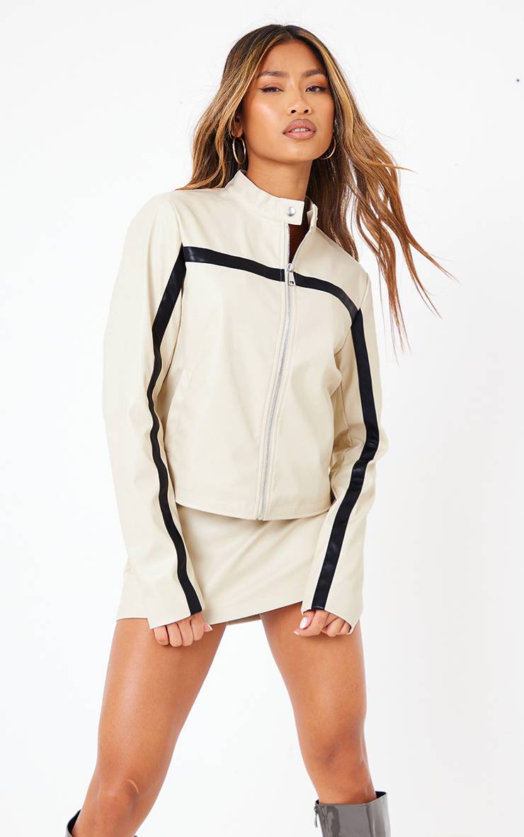 Crème Jupe Micro Mini Taille Basse En Synthétiquecuir Avec Empiècements Contrastés