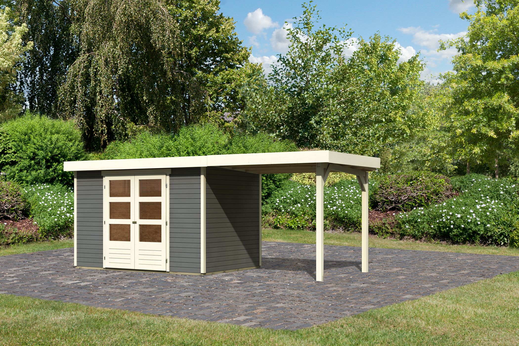 Karibu Gartenhaus Calabar 4 SET in terragrau mit Boden, Anbaudach, Dachfolie