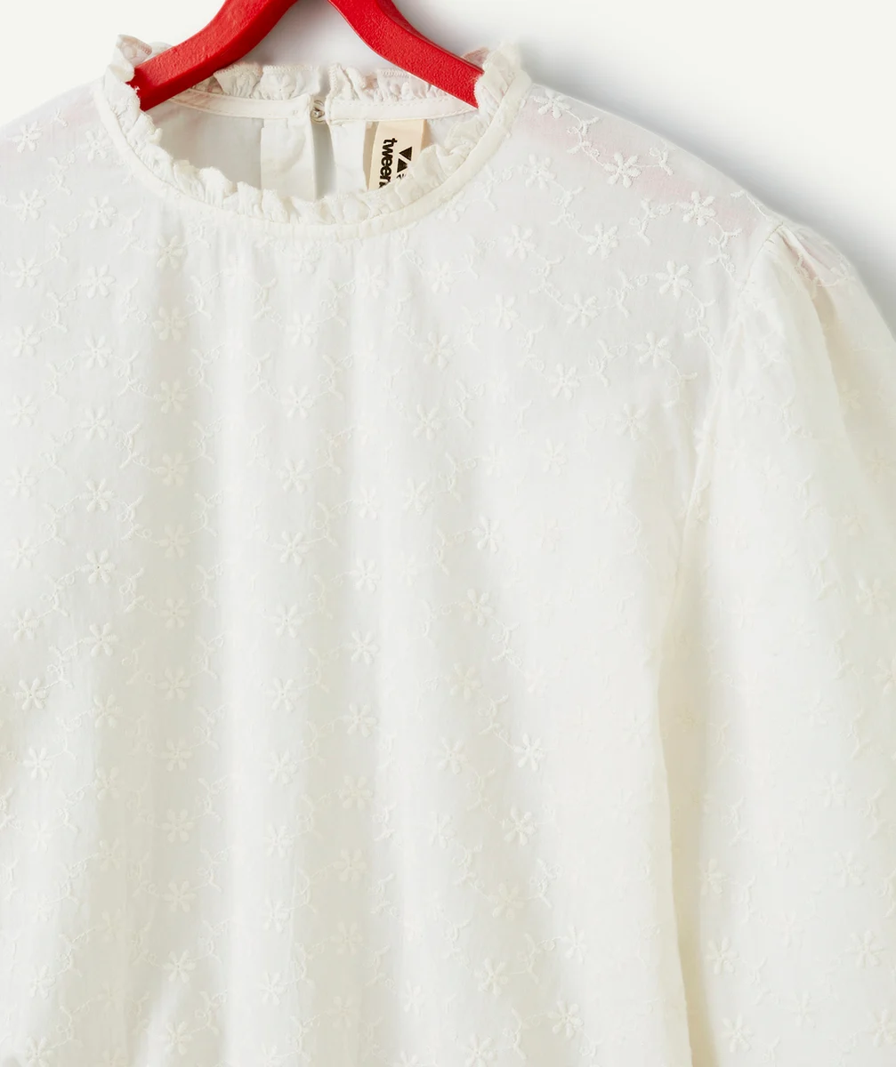 BLOUSE MANCHES BOUFFANTES FILLE AVEC BRODERIES FLEURS ÉCRUE
