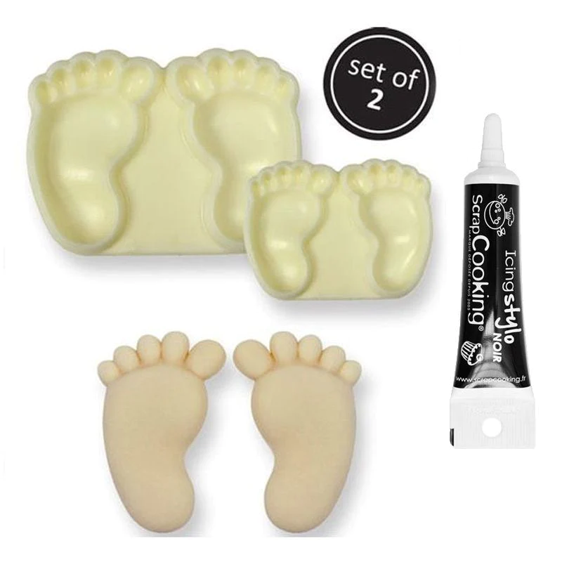 Moules pâte à sucre Pieds de bébé + Stylo de glaçage noir Youdoit