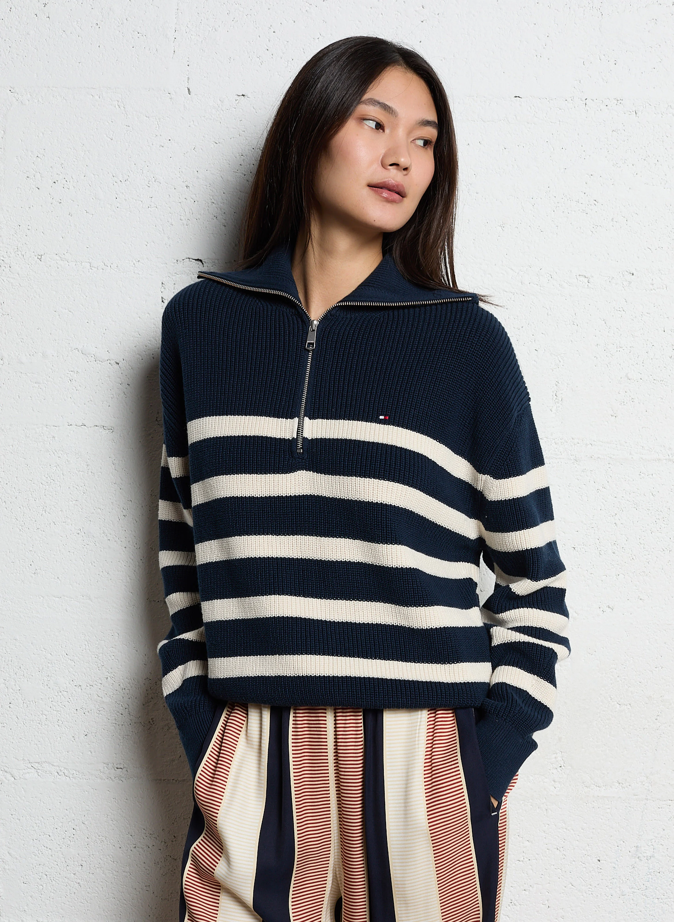 Pull col zippé en coton bio mélangé | Bleu