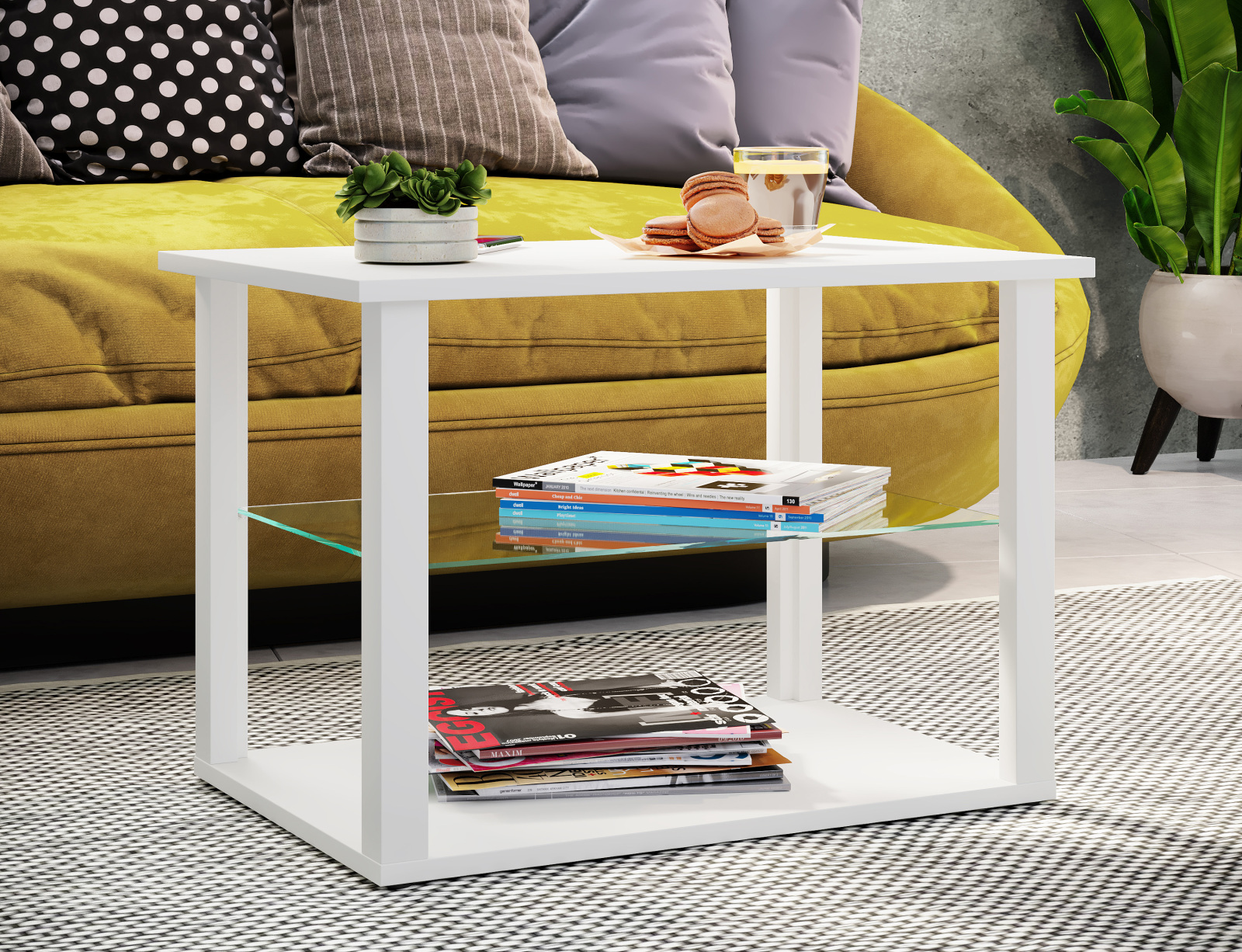 Couchtisch WANILO M - weiß - Glasboden - 65x45 cm
