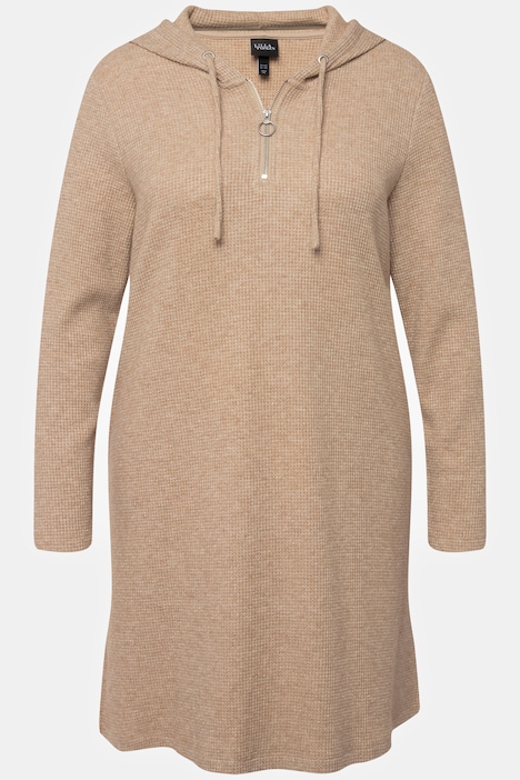 Sweat-Midikleid, Waffelstruktur, Glitter, Kapuze, Langarm