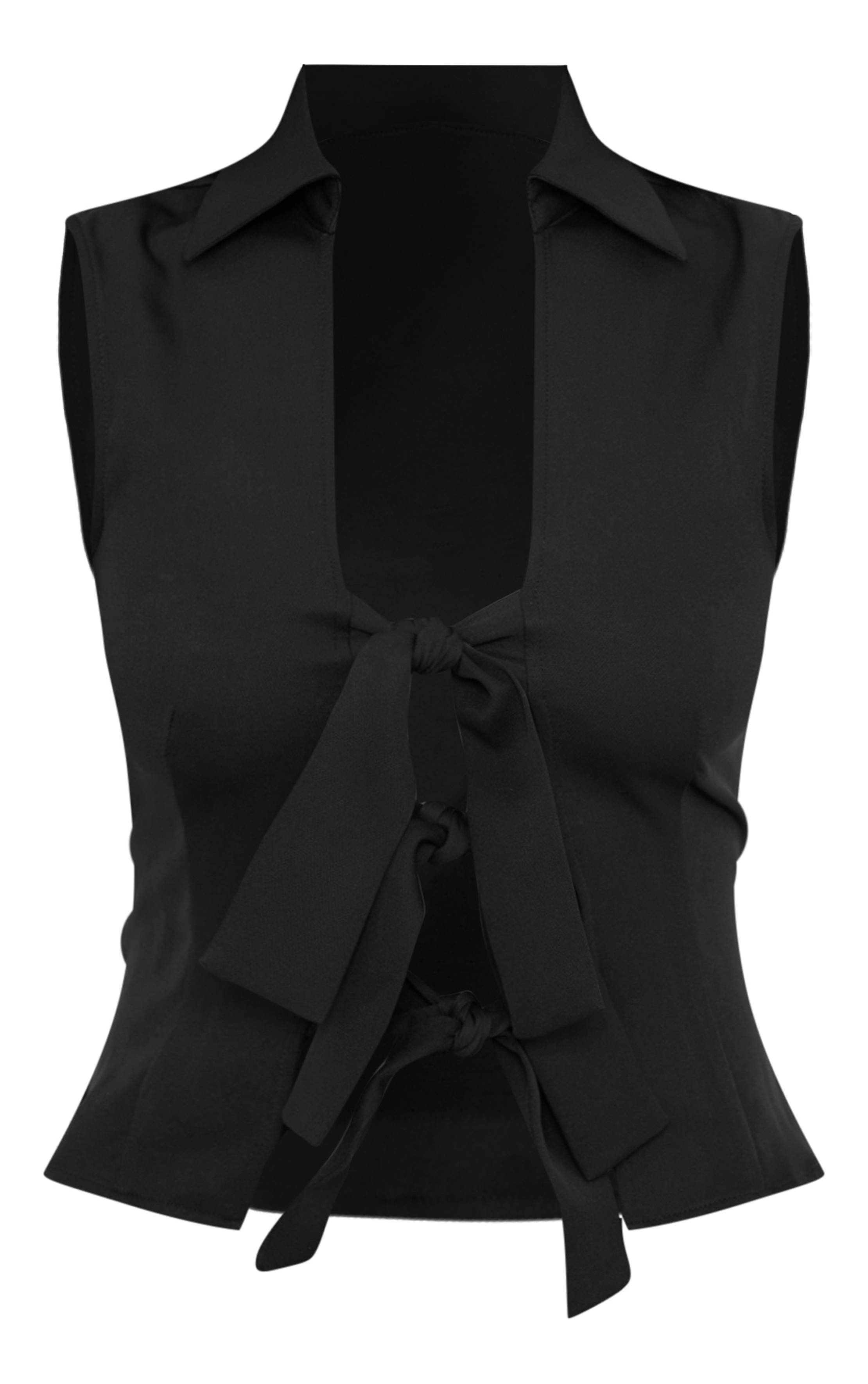 Noir Gilet Sans Manches En Tissu Tissé Avec Nœud Papillon Devant