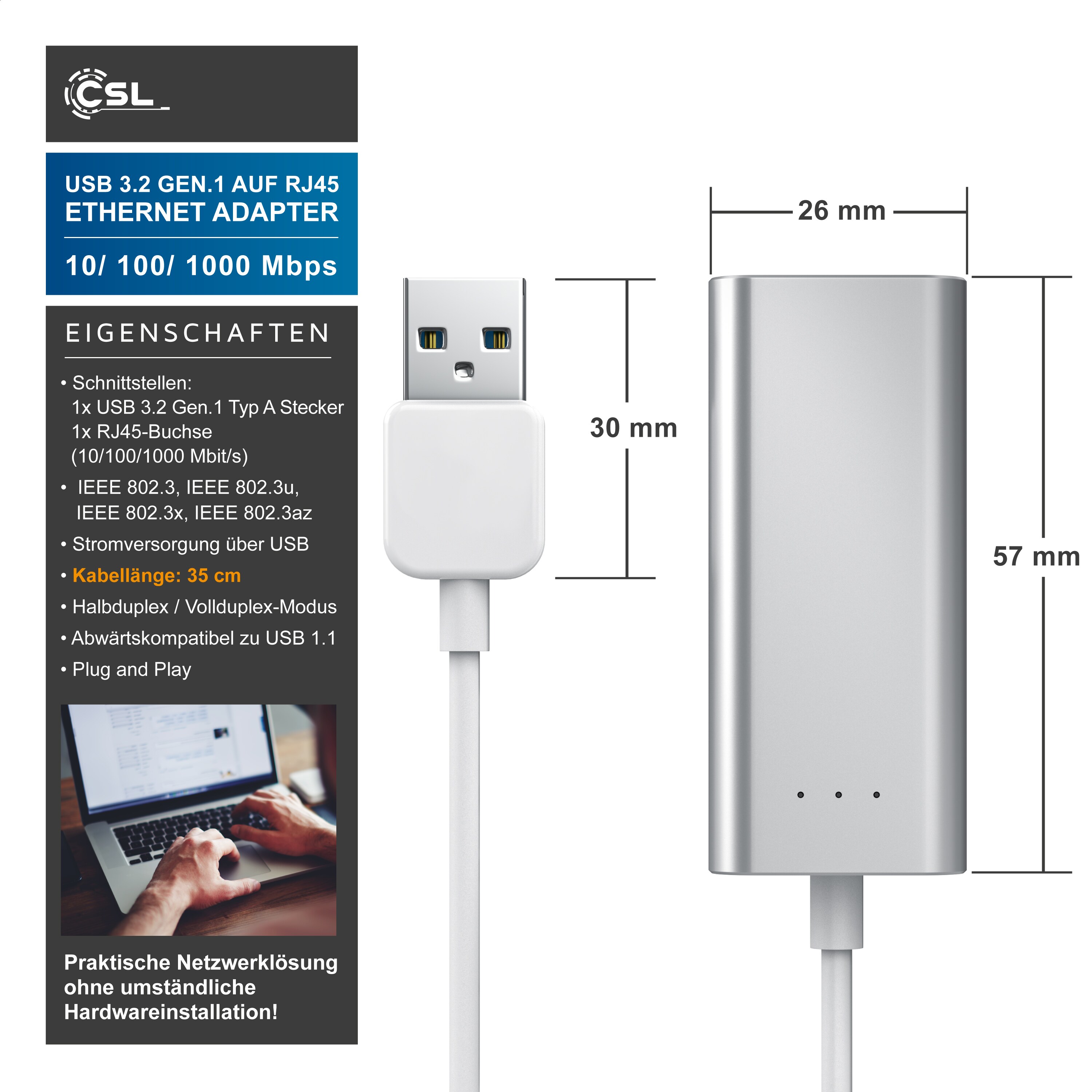 CSL Netzwerk-Adapter USB Typ A zu RJ-45 (Ethernet), USB 3.2 Gen1 Gigabit Ethernet Netzwerkadapter RJ45 extern - USB 3.0