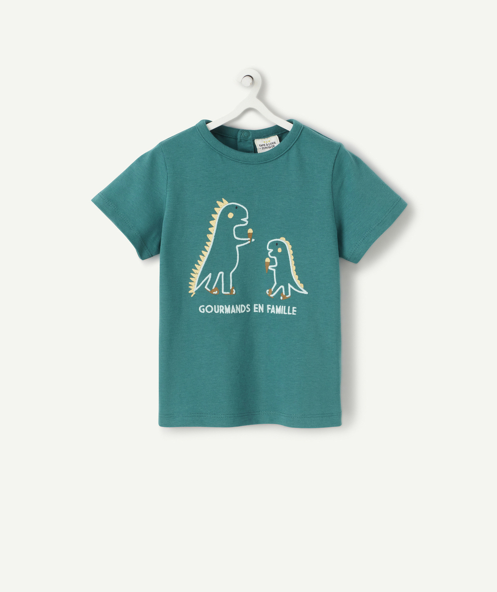 T-SHIRT BÉBÉ GARÇON EN FIBRES RECYCLÉES VERT FONCÉ AVEC DINOSAURES