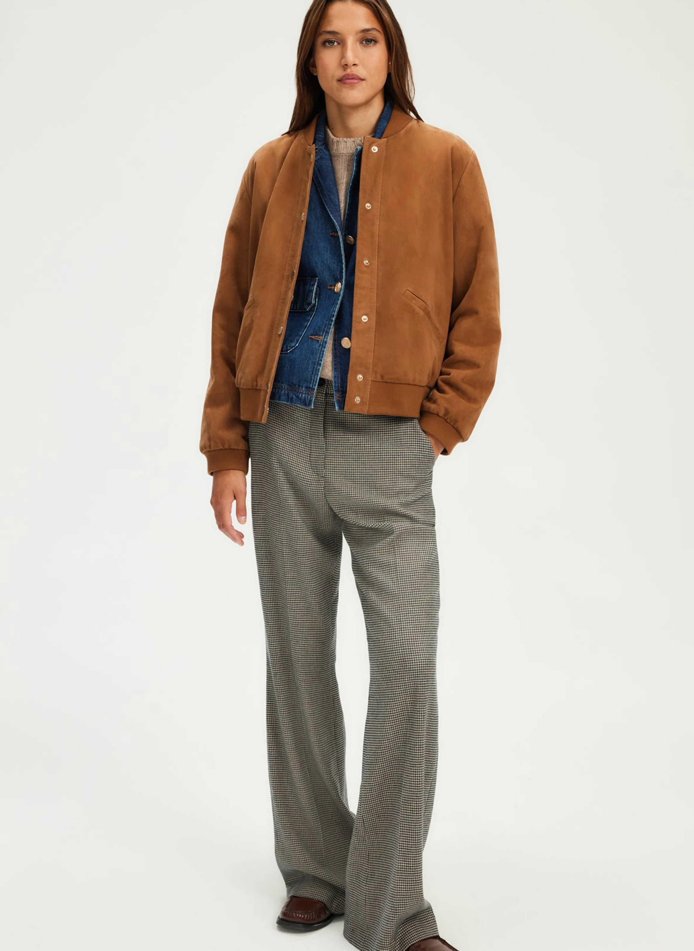 NAWRAS - Pantalon droit motif pied de poule | Beige