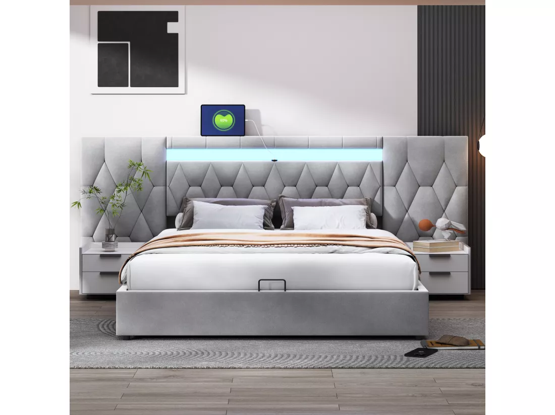 Lit coffre 180x200 cm en velours - avec LED et prise USB - Gris
