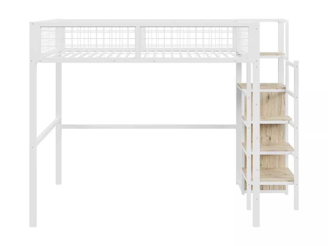 Lit mezzanine enfant 140x200 cm avec structure en fer - avec échelle de rangement et une penderie - Blanc
