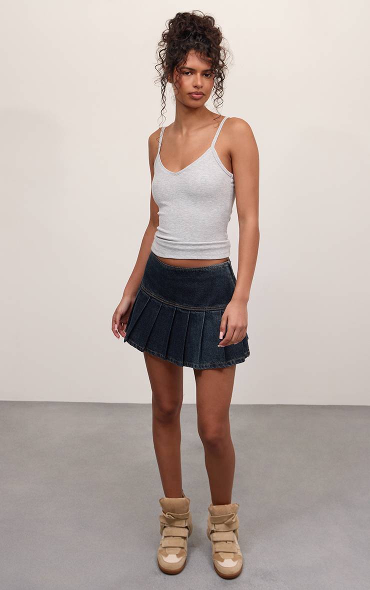 Délavage Vintage Mini-jupe Plissée En Denim Indigo Brut Taille Mi-haute