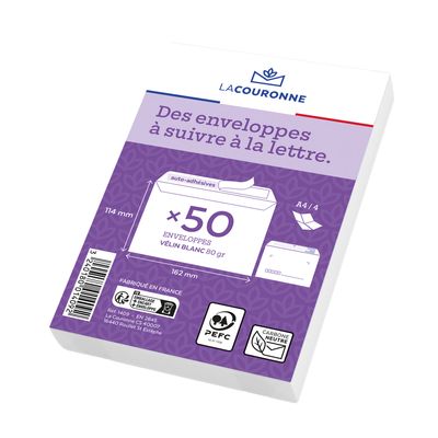 La Couronne - 50 Enveloppes précasées C6 114 x 162 mm - 80 gr - sans fenêtre - blanc - bande auto-adhésive