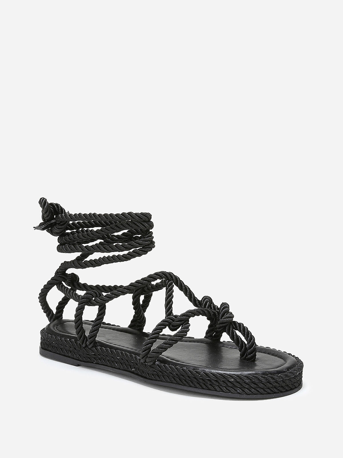 Nu-pieds en corde tressée à fine plateforme- Noir