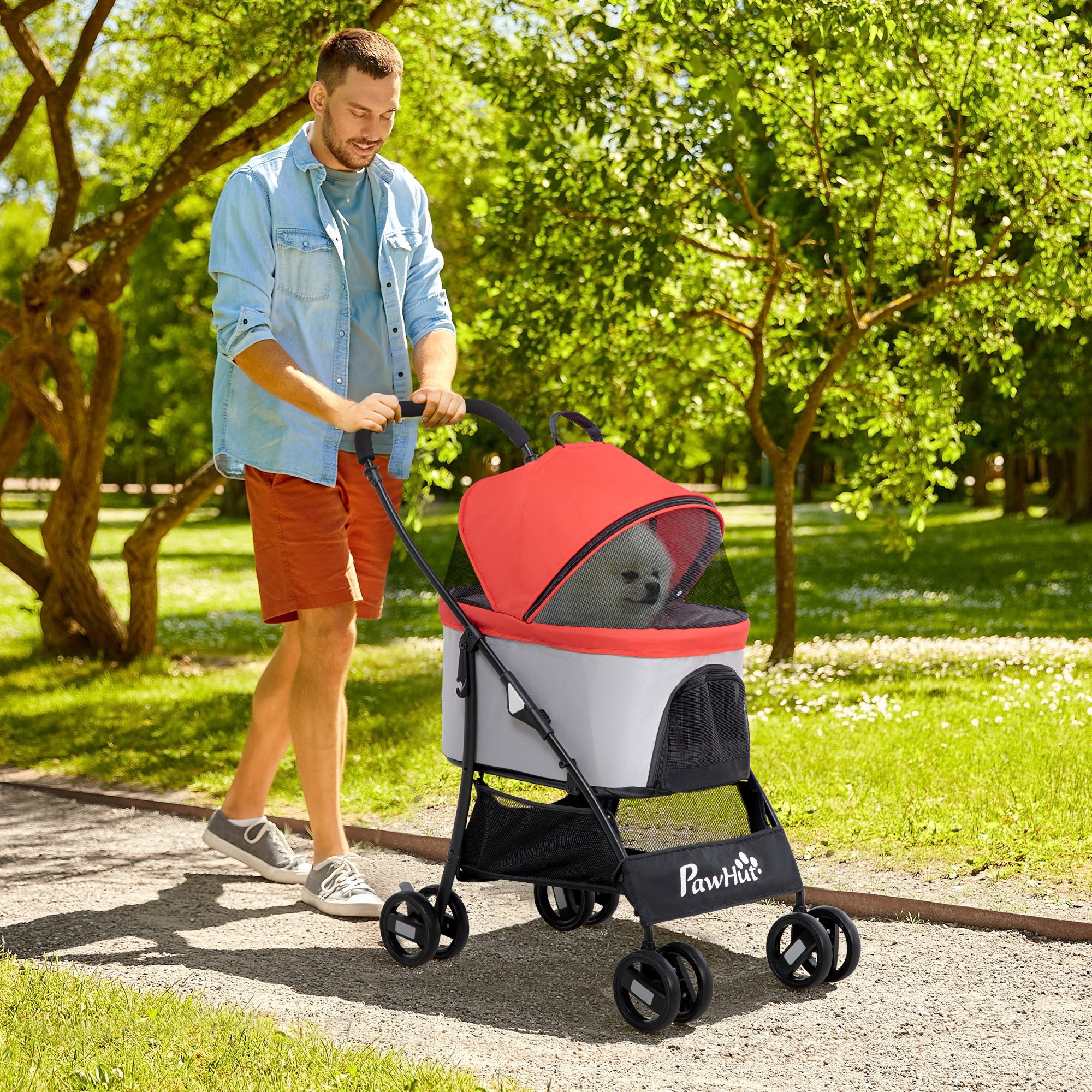 Carrinho para animais de estimação PawHut 3 em 1 para cães e gatos, com bolsa de transporte dobrável e removível, cesto de armazenamento e freios. Fabricado em tecido Oxford 600D, suporta até 15 kg e mede 82 x 49,5 x 98 cm, na cor vermelha.