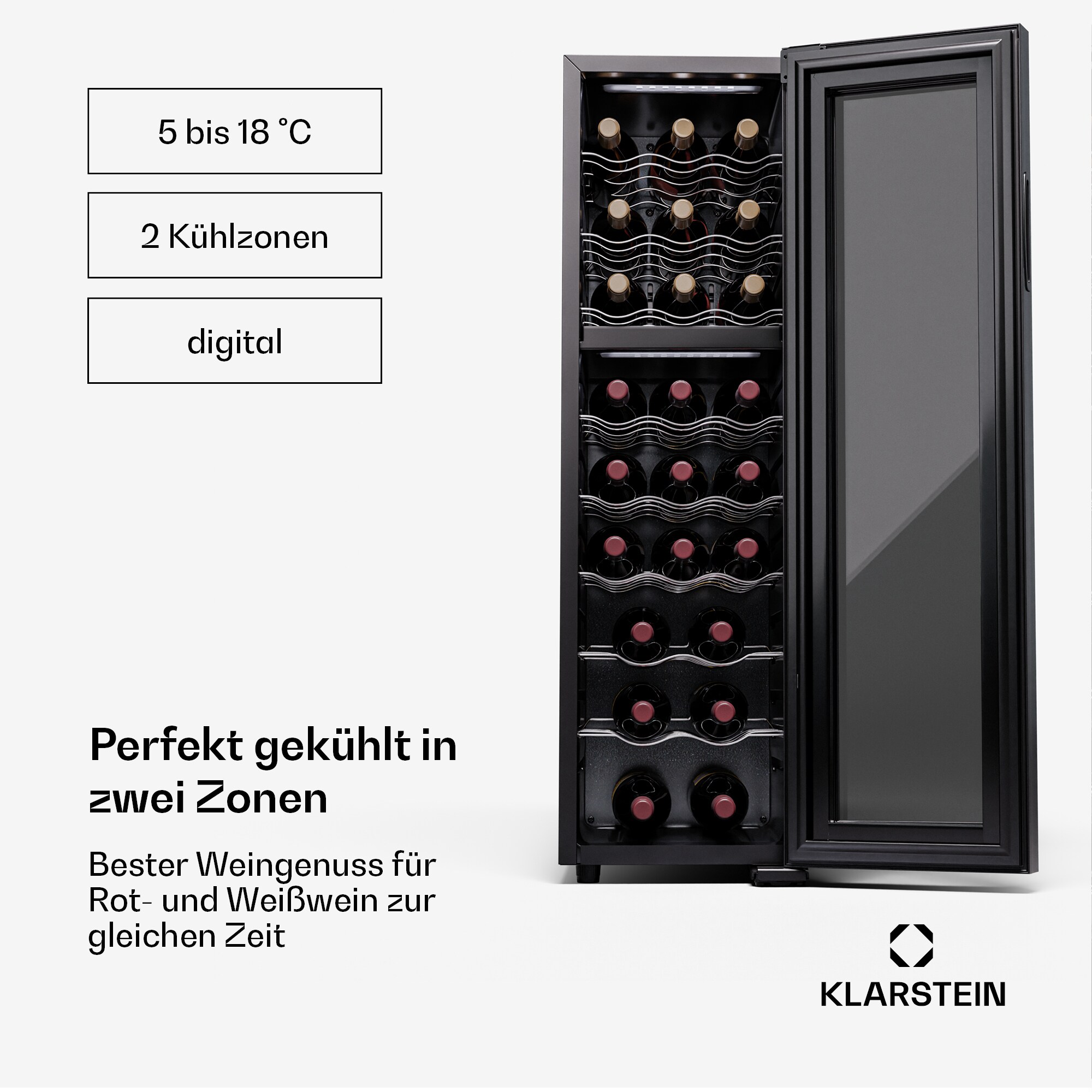 Shiraz 24 Duo Weinkühlschrank 2 Zonen 75L/24 Flaschen 5-18 °C Touch Schwarz 24 Flaschen 2 Kühlzonen