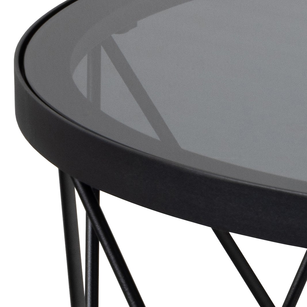 Halstow sofabord Ø80cm. Røkt glass med sort trådunderstell.