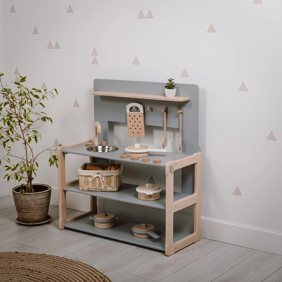 Montessori® Kinderkueche aus Holz - multifunktional - grau Montessori® Kindermöbel mehrfarbig