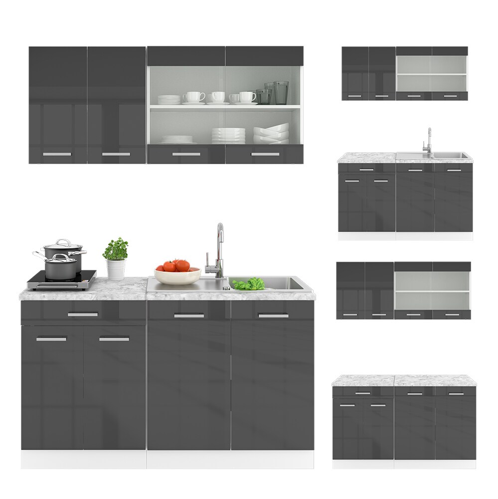 VICCO Küchenzeile SINGLE Einbauküche 140 cm Küche Anthrazit Hochglanz R-LINE