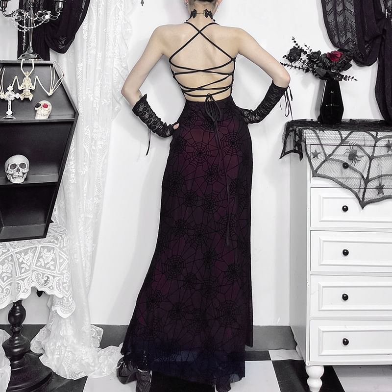 meadowdrop - Halter coltrui met spinnenwebprint en open rug van mesh, maxi-zeemeerminjurk