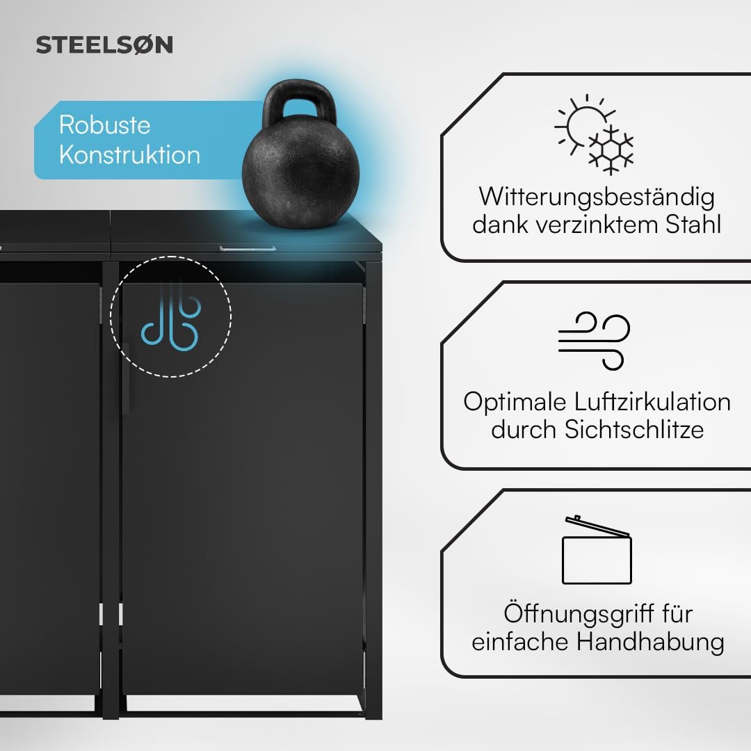 STEELSØN Thoria Mülltonnenbox 4er bis 240L – Mülltonnenverkleidung aus Stahl in Graphitschwarz – hochwertige Müllcontainer für 4 Tonnen – Müllbox wetterfest – UV-beständige Gerätebox/Mülltonnen Box