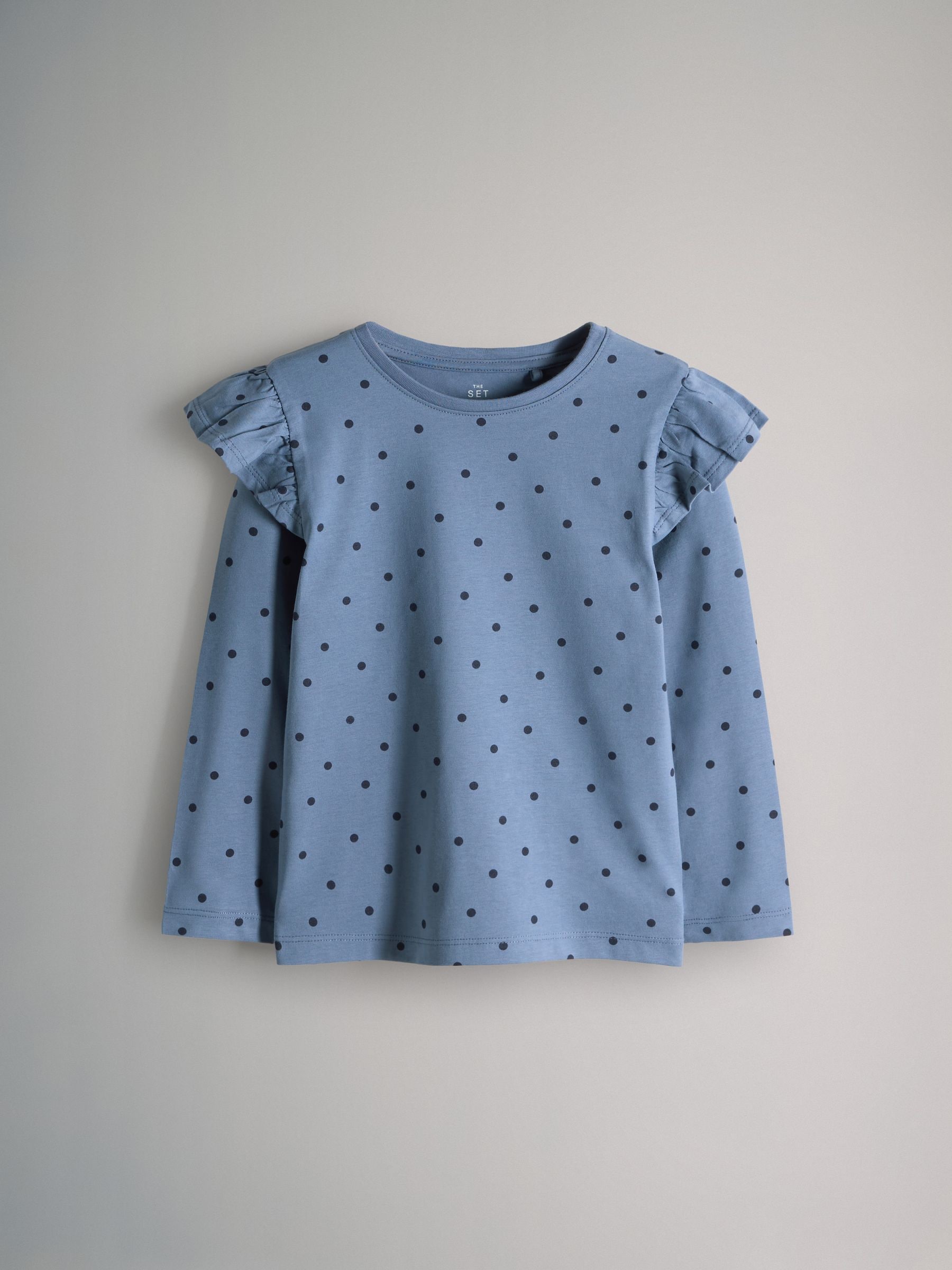 Navy/Grey Marl/White/Spot - The Set 4 Pack Long Sleeve Ruffle Cotton T-Shirts