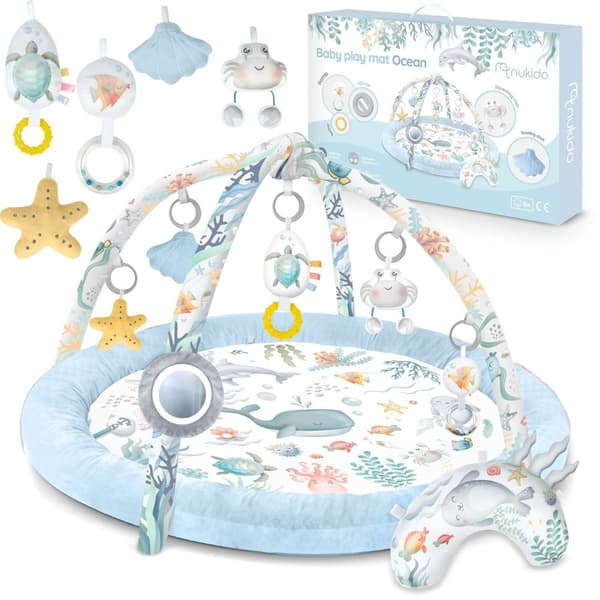 Interaktiv Babymatte Ocean⭐⭐⭐⭐⭐ for design og komfortHOVEDFUNKSJONER:- 7 multifunksjonelle leker- Dedikert pute for magestilling- Rask og enkel å bret