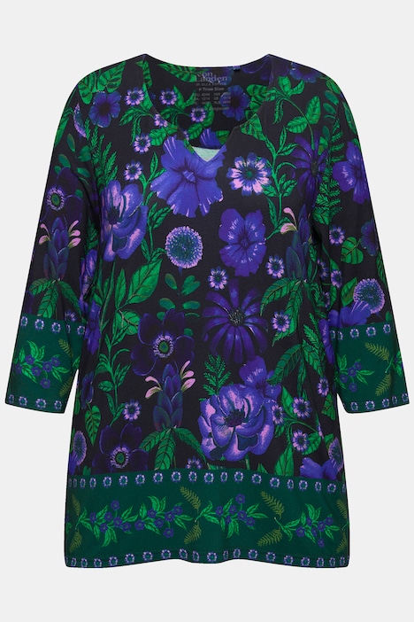 Shirt, Landhausdruck, A-Linie, Tunika-Ausschnitt, 3/4-Arm