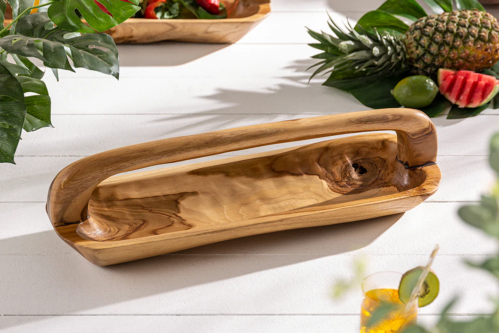 riess-ambiente Holzschale BALI - Massivholz 60cm Teakholz mit Griff natürliche Maserung handmade