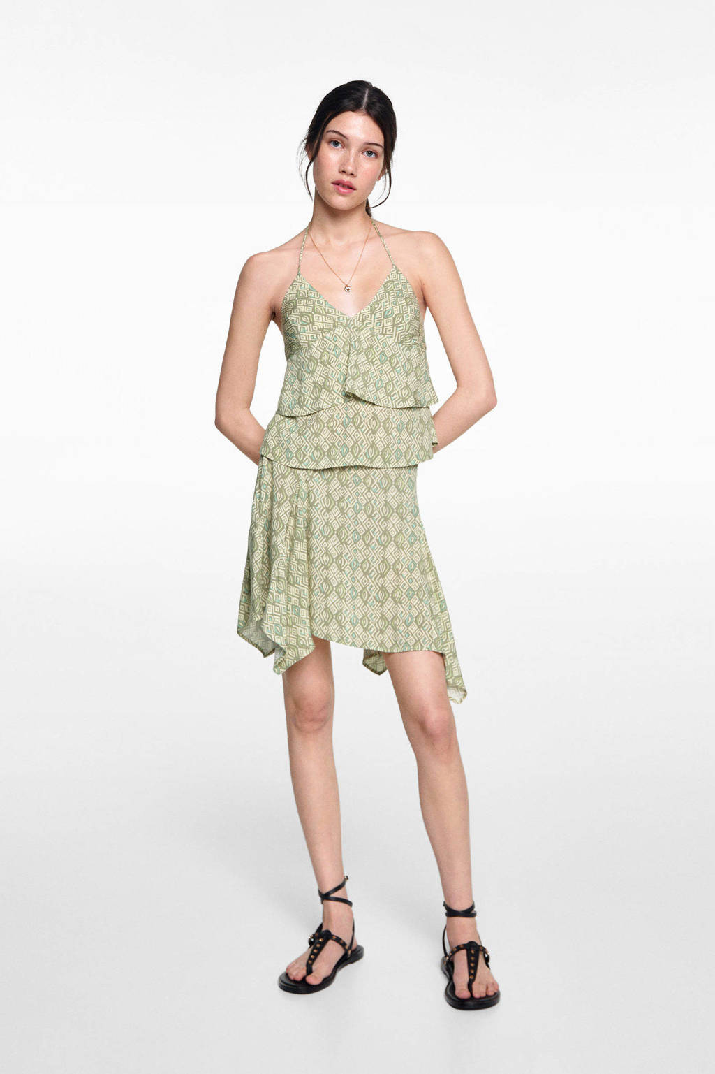 MANGO TEEN spaghettitop met all over print groen