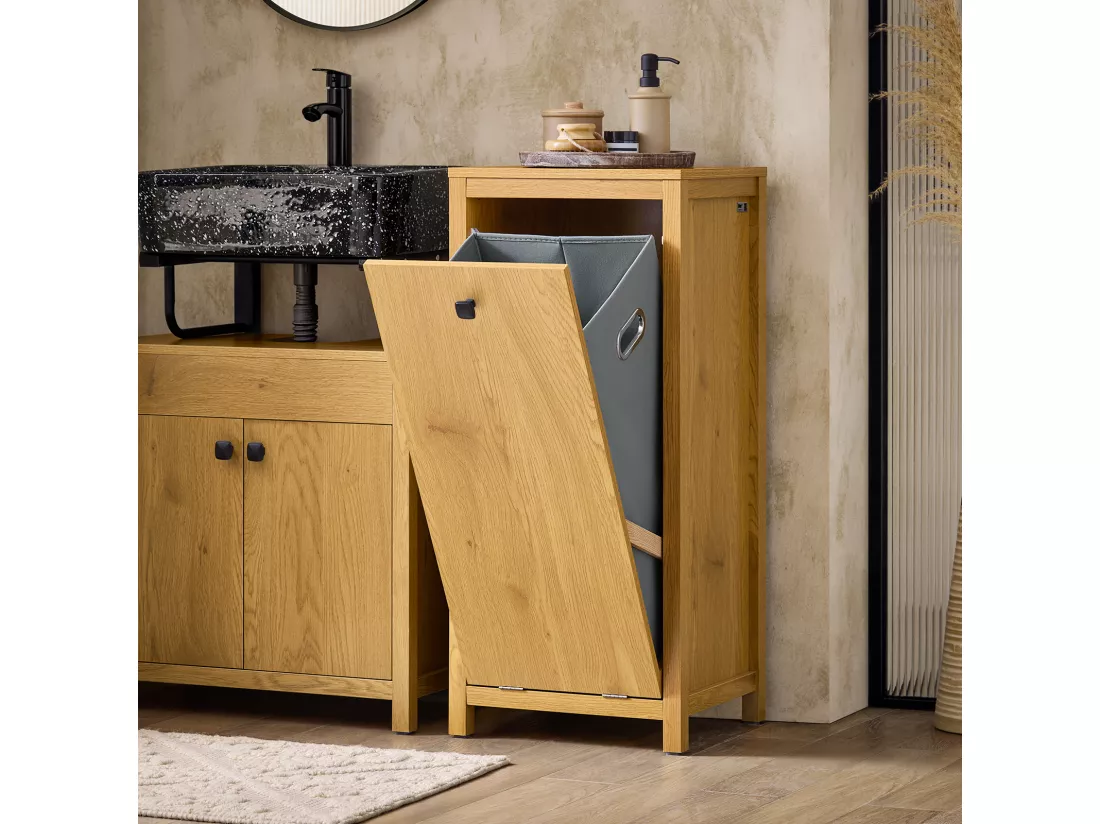 SoBuy Armoire à Linge avec Sac à Linge, Meuble Bas de Salle de Bain, Commode pour Salle de Bain, Coffre à Linge, Porte Vêtement avec 1 Panier à Linge, Naturel Foncé, 40x35x90 cm, BZR96-SN