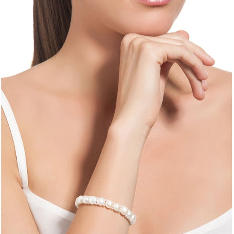 Bracelet Femme Stretch en Perles de culture d'eau douce blanches, forme Bouton
