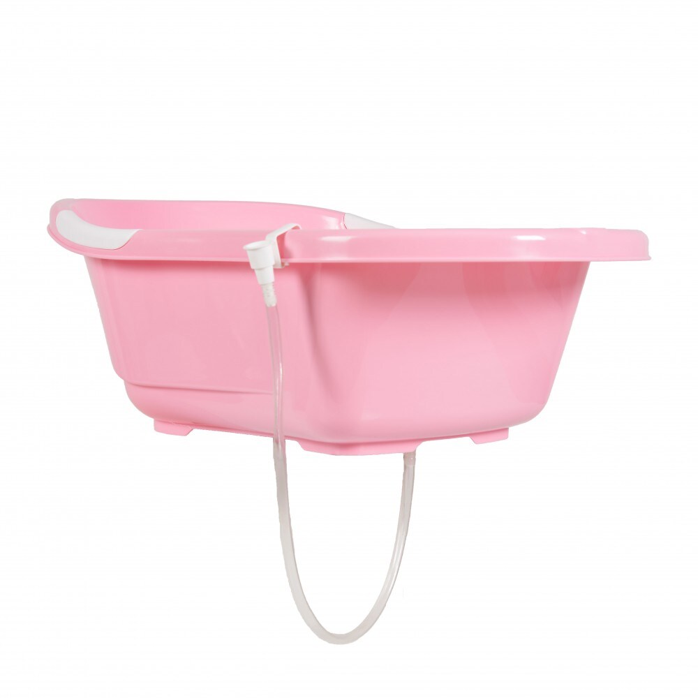 Babybadewanne Lilly platzsparend mit Wasserablauf, Ablagefächer für Zubehör rosa