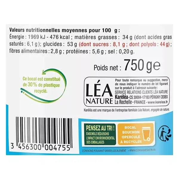 Karéléa Chocolat Sans Sucres Ajoutés Pâte à Tartiner Noisettes Cacao 750g