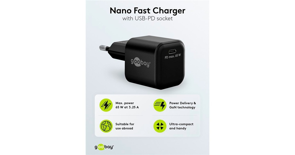 goobayUSB-C PD GaN snellader Nano (65 W)   (Zwart, 1x USB-C, Power Delivery 3.0)