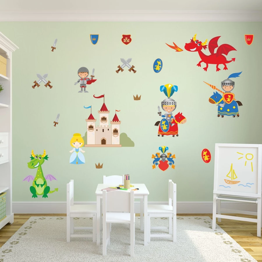 Nikima Wandtattoo 008 Wandtattoo Ritter mit Drachen Burg Prinzessin Schwert Pferde Wappen bunt