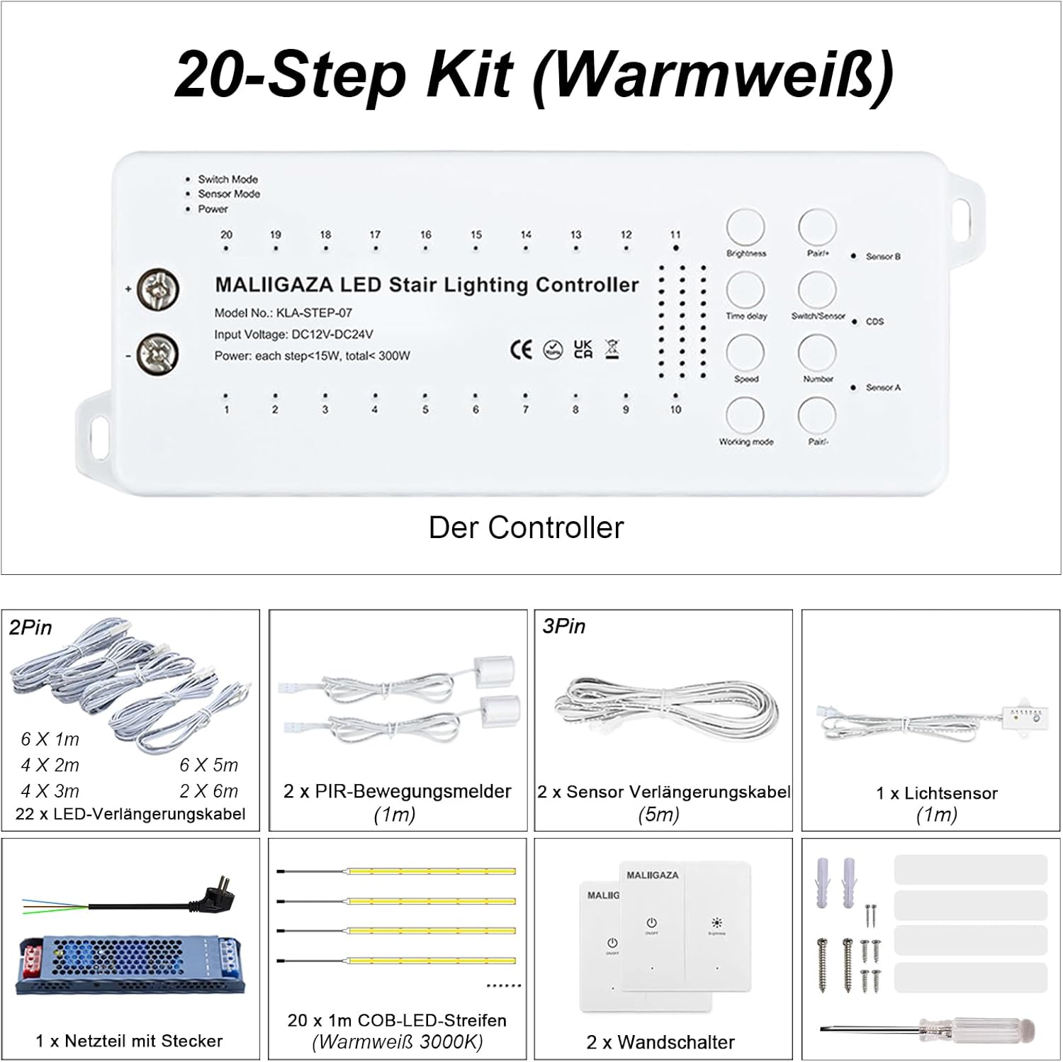 Smart LED Treppenbeleuchtung 20 Stufen Warmweiß 3000K – Intelligentes Automatisches Treppenlicht System mit Bewegungssensor, Lichtsensor & Doppelschalter, Einfache Installation, Innenlicht Set