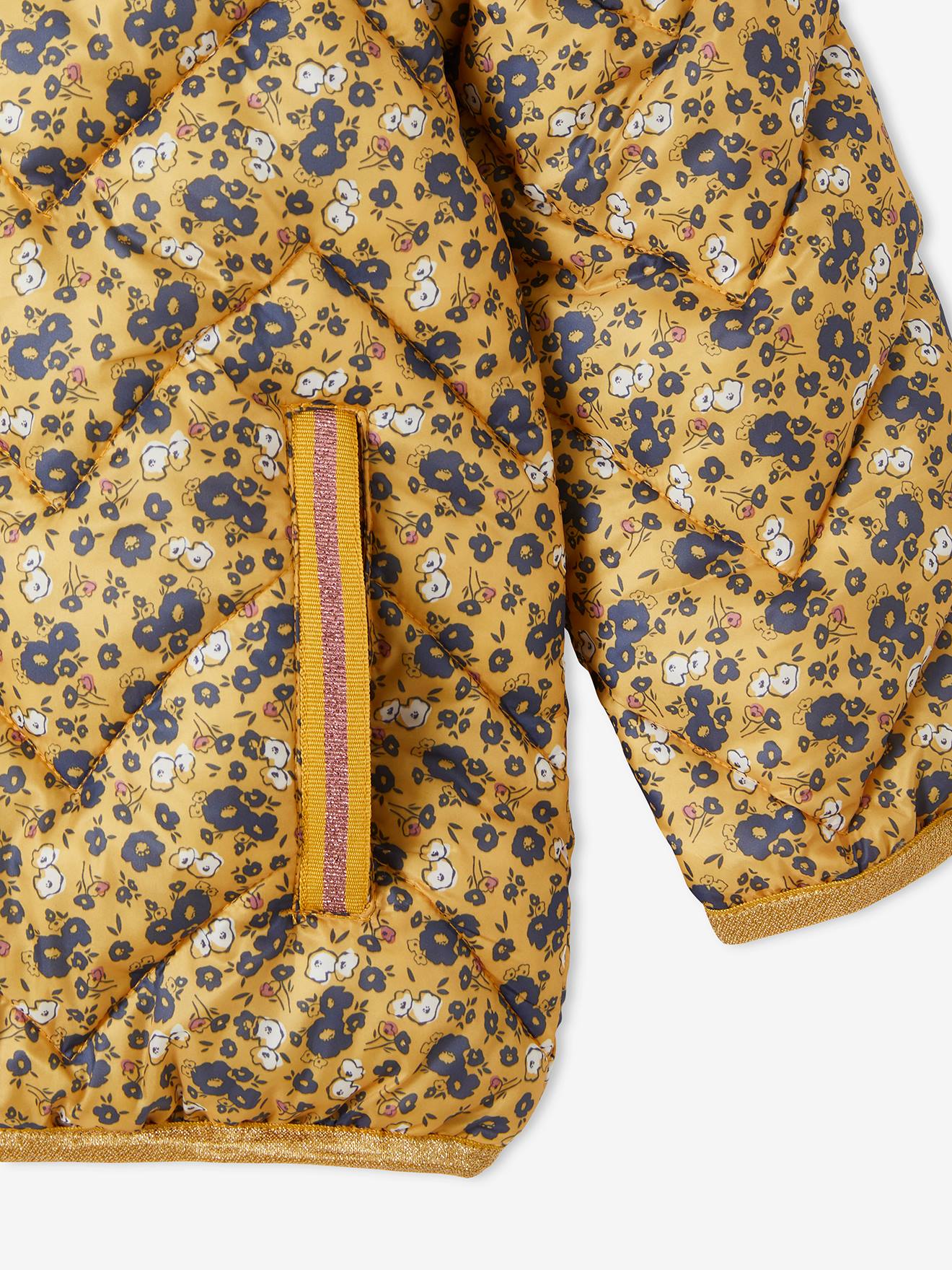 Jaqueta acolchoada leve com capuz e detalhes iridescentes, para meninas, estampa amarela tamanho médio.