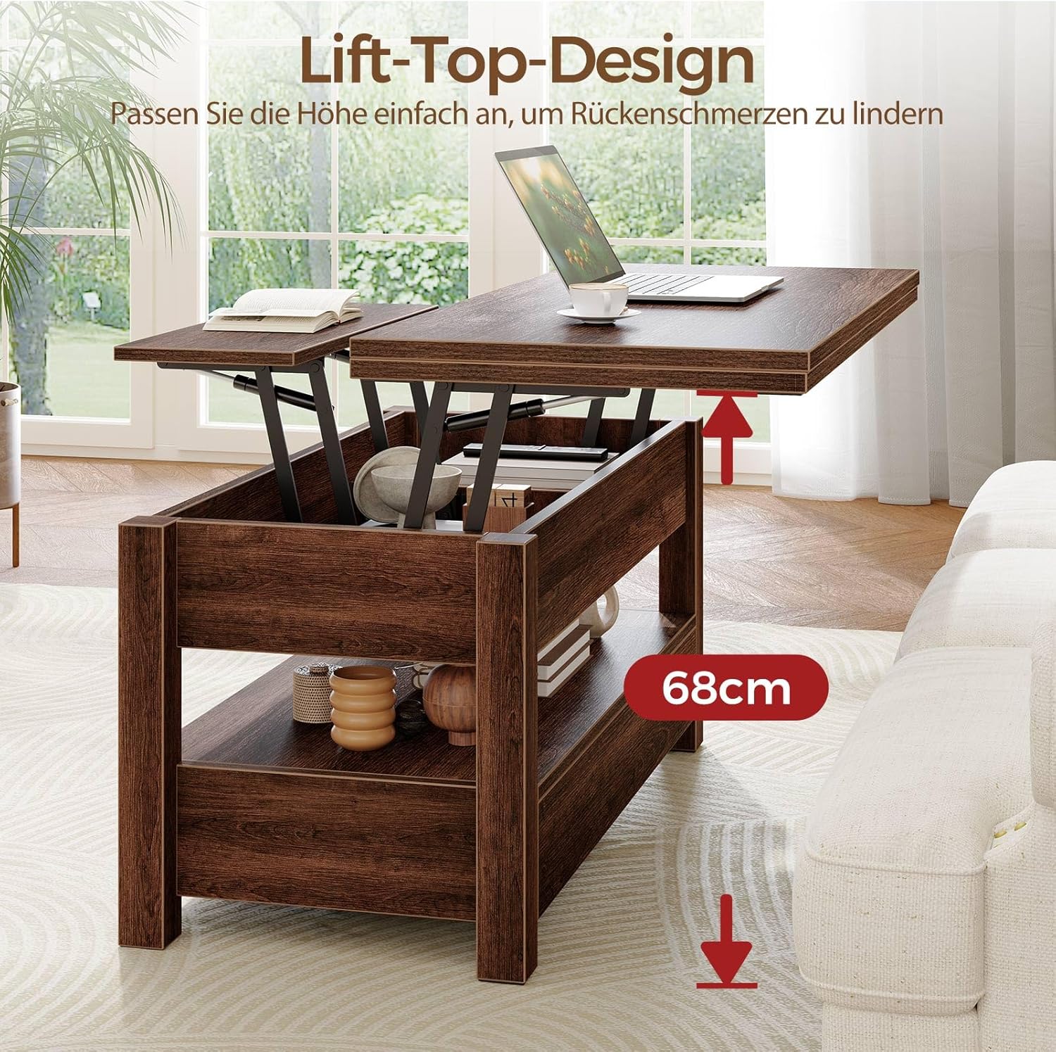 Rolanstar Höhenverstellbarer Couchtisch mit 2 Schubladen, 100 x 50 cm Wohnzimmertisch aus Holz,Platzsparend & Einfach Montiert für Schlafzimmer, braun