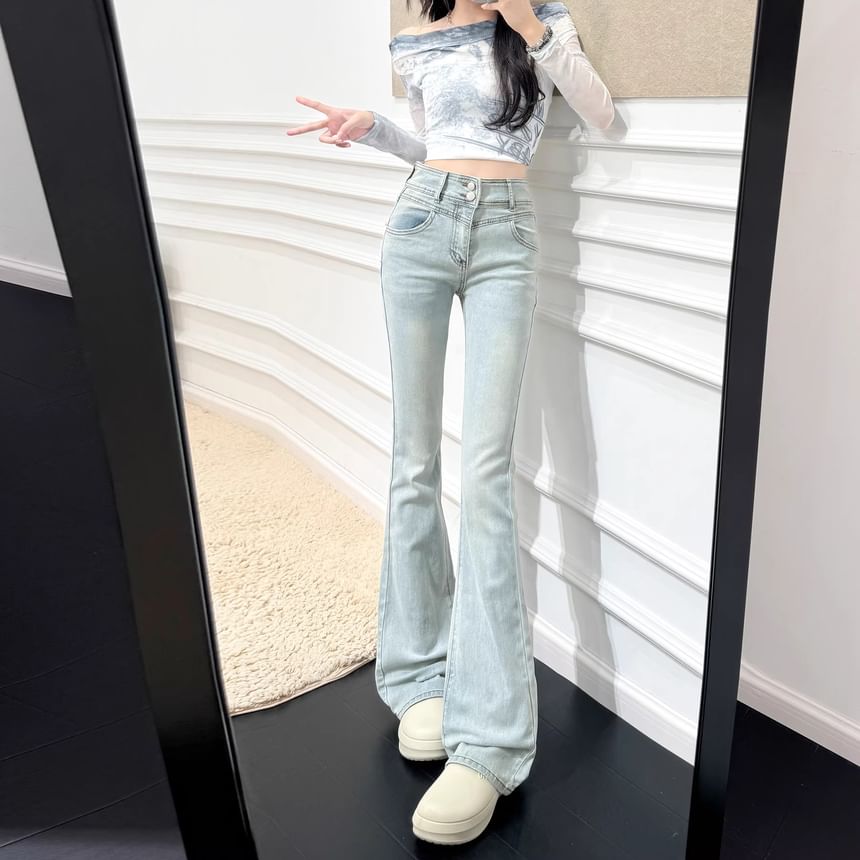 Girliepairs - High Rise Lace Trim Bow Flared Jeans