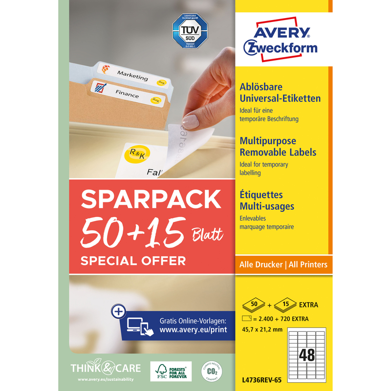 Avery Zweckform Etiketten wiederablösbar, L4736REV-65, 45.7 x 21.2 mm, 65 Blatt