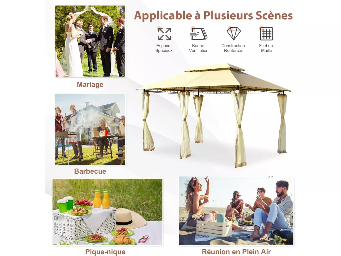 Tonnelle de Jardin 3,9 x 2,9M en Acier avec Rideaux Moustiquaires Amovibles et Toits Doubles, Tente de Réception pour Pique-Nique Festival Mariage (Beige)