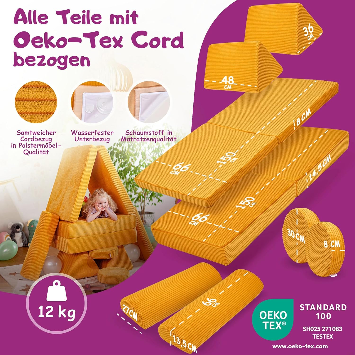 Linodino® Spielsofa Cord Fantasiewelt, Kindersofa-Bausteine - Stapelsteine für Kinder - Kindercouch, Sofa-Kuschelecke | Schaumstoff-Softbausteine | Oeko-TEX 100 Zertifiziert | Gänseblümchen Gelb