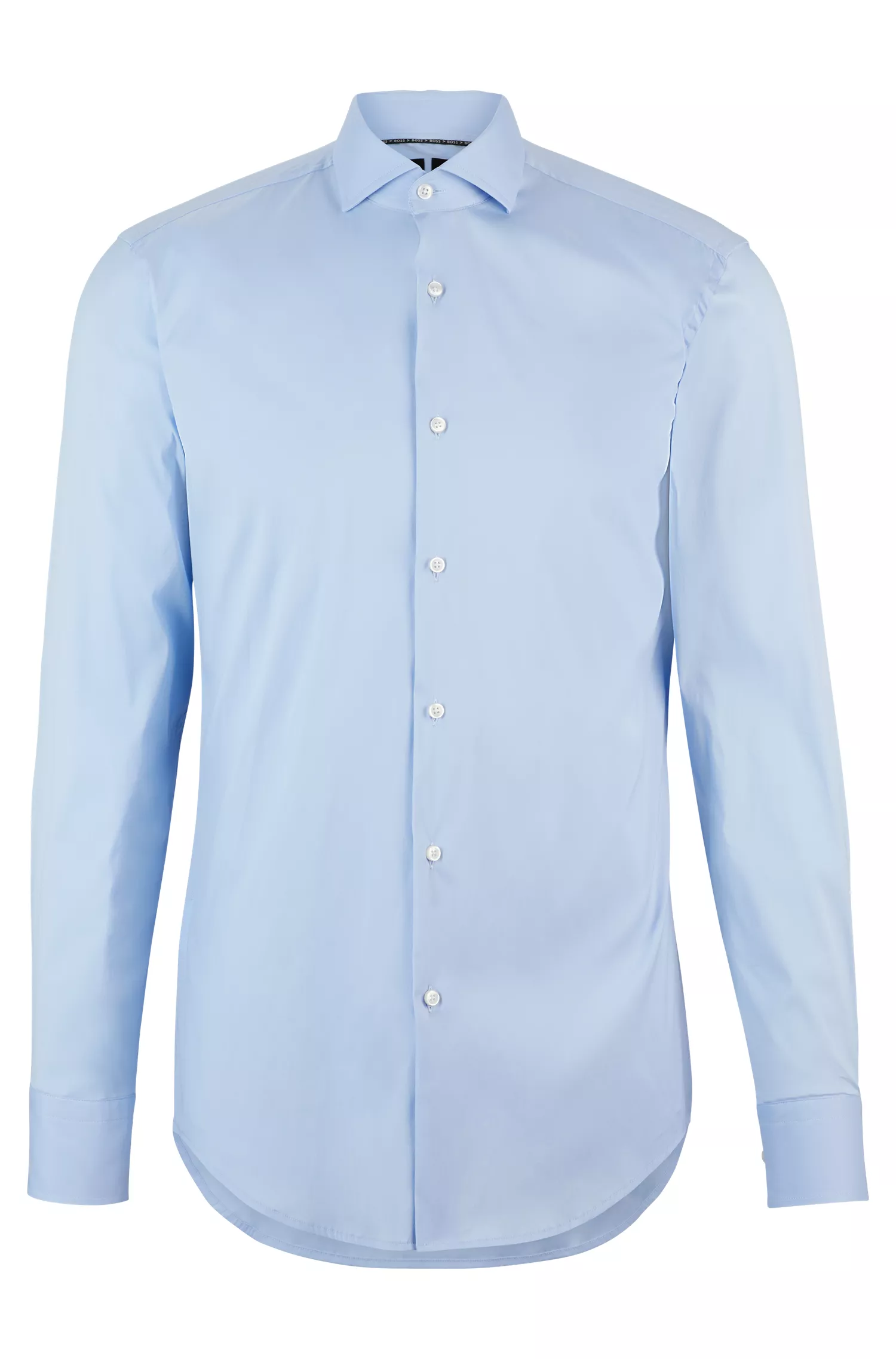 Camisa BOSS preta de corte slim, confeccionada em popeline de algodão misto de fácil de passar.