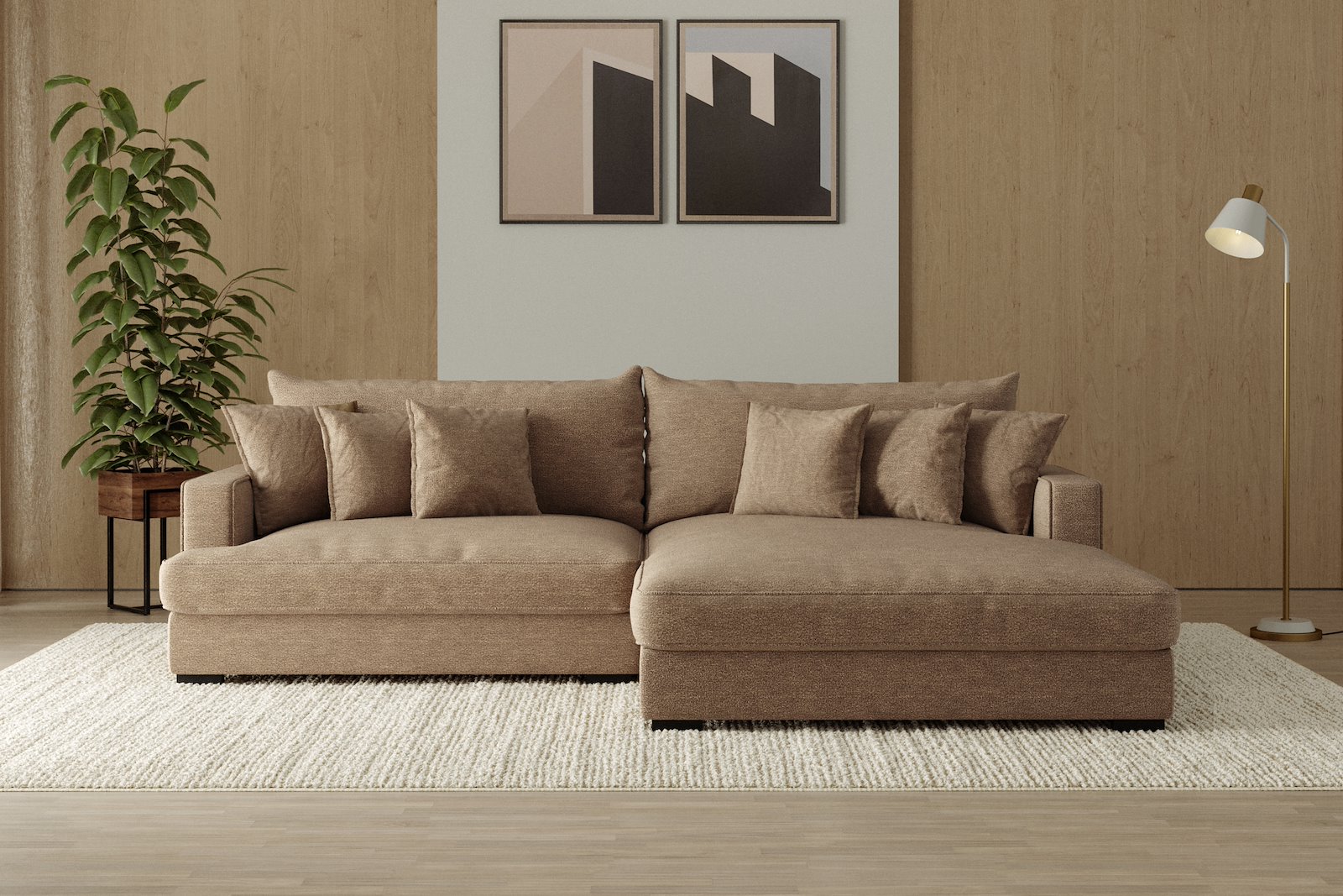 Rossi 2-seter med XL sjeselong høyre Tekstil Beatto 1012 Brown, arm A med sorte ben. Std. Komfort.