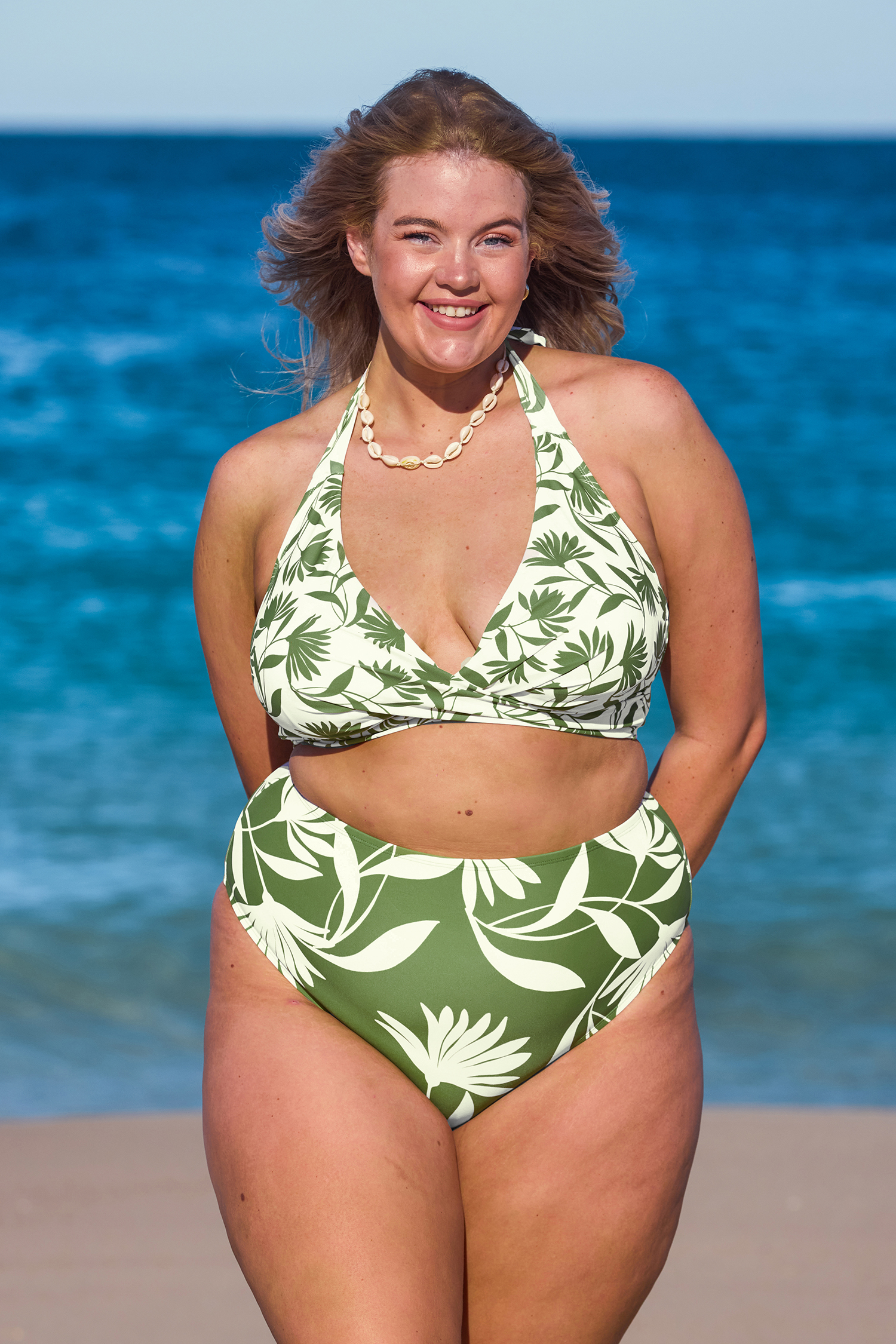 Bikini taille haute à col licou torsadé vert